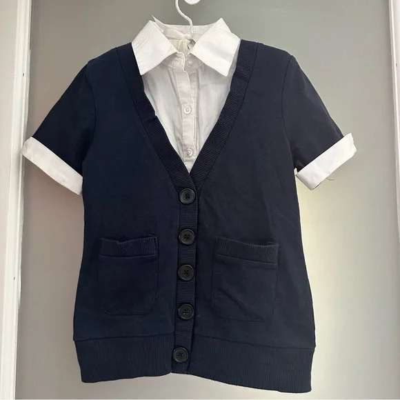 Basic Editions navy & white faux blouse under a sweater📓🚌