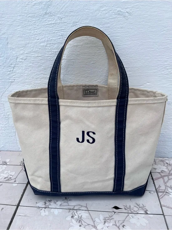 L.L. Bean Natural Canvas Tote with Navy Trim - JS Monogram