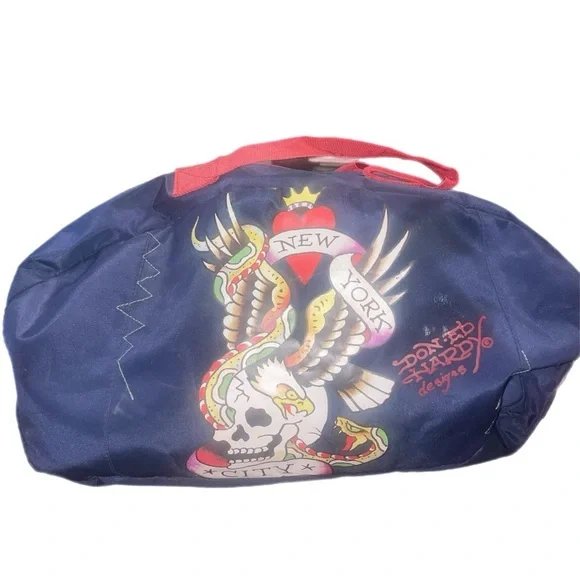 Ed Hardy large duffel bag in navy with red strap skull design P9