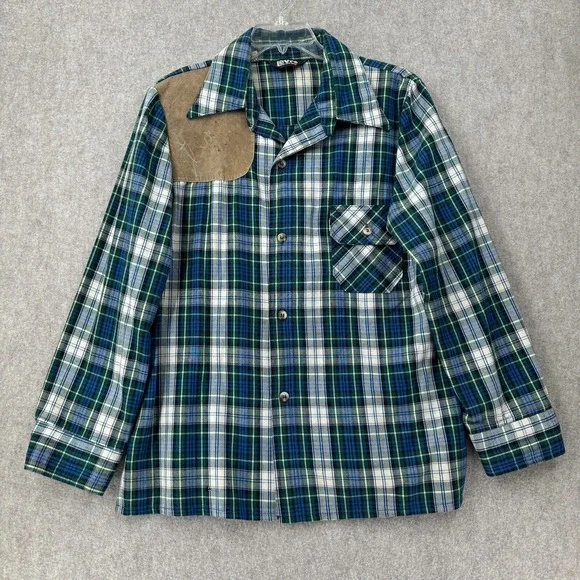 RARE VTG Levi's 70s Denim Plaid Leather Patch Western L/S Shirt Sz XL USA‎