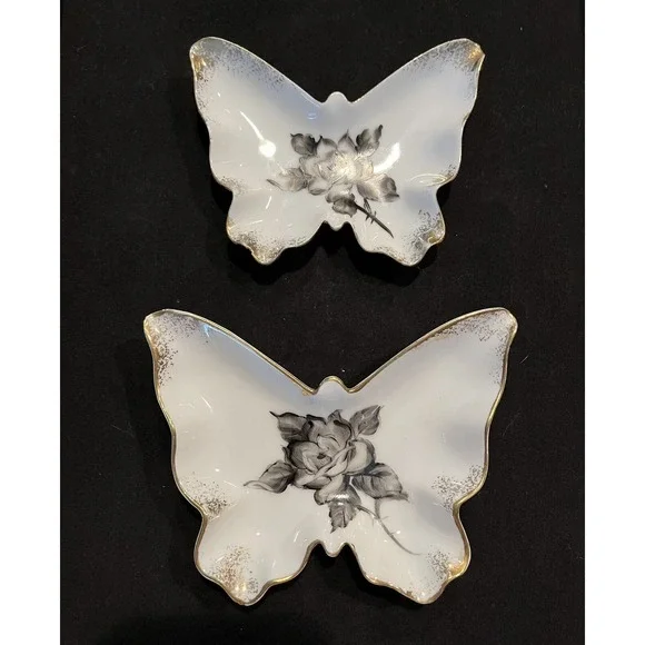 Lefton Butterfly Trinket Dish Set Of 2 Black, White & Gold Floral Design
