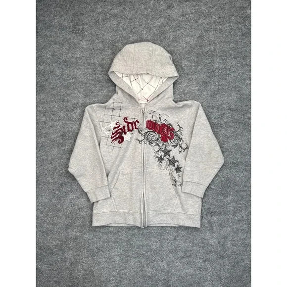 Sideout Kids Large 10/12 Full Zip Hoodie Gray Red Graphic Y2K Sweatshirt