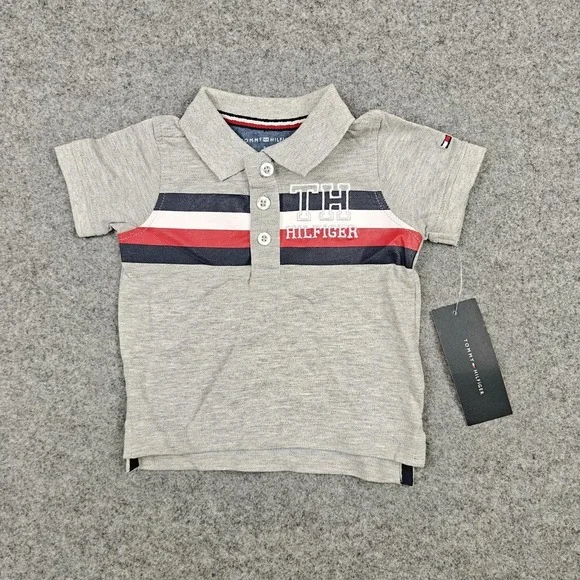 Tommy Hilfiger‎ Polo Shirt Baby Boys 3-6M Gray Striped Logo Short Sleeve New