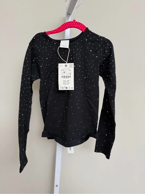 Zara Black Long Sleeve Tee with Tiny White Dots size 9-10 NWt