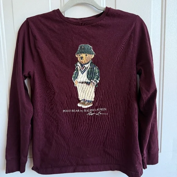 Polo Ralph‎ Lauren Bear Long Sleeve Shirt | Kids Large 14/16 | Burgundy Unis