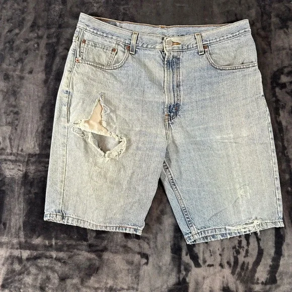 Levi's 505 Denim Shorts Mens W36 Light Blue Distressed Regular Fit