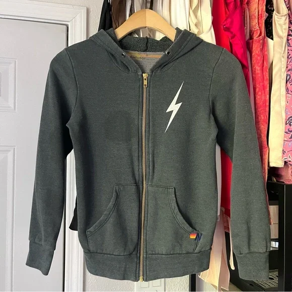 AVIATOR NATION grey kids cotton blend‎ logo lightning zip up hoodie sweater