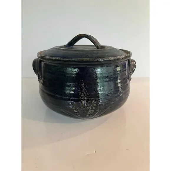 Rare Vintage Richard Sanderson Toad Hill Pottery NH Casserole Pot w Lid Blue JL