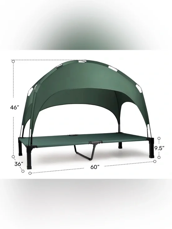 Heeyoo Outdoor Elevated Dog Bed with Removable Canopy, Green, 60 x 36 x 9.5-in