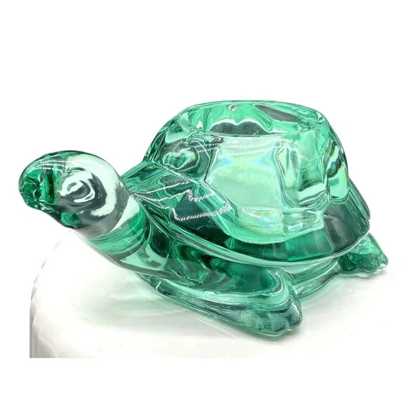 VTG Indiana Glass Spanish Green Turtle Candle Holder Tortoise Paperweight 5.5