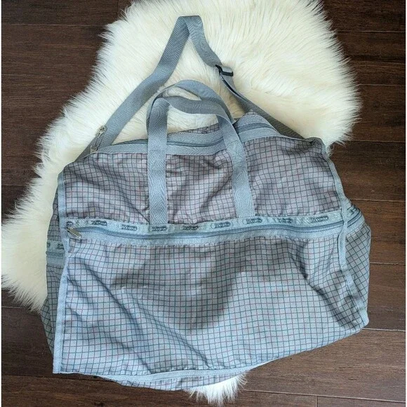 Vintage LESPORTSAC Grid Print Duffle Weekender Gray Blue Checkered Duffel Bag
