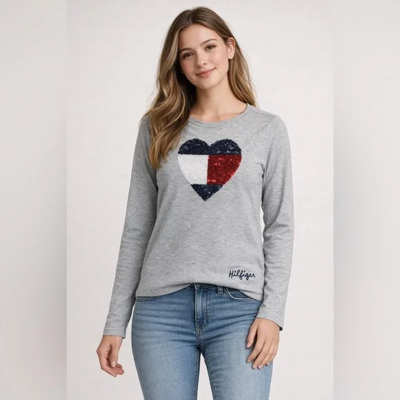 Tommy‎ Hilfiger Girls XL Gray Sequin Heart Long Sleeve Tee Cotton