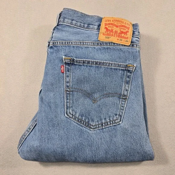 Levi's Mens 36x30 Blue Jeans 505 Regular Fit Straight Leg Distressed Stained