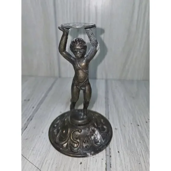 Antique Solid Cast Brass Cherub Boy Child Candlestick Holder Patina 5