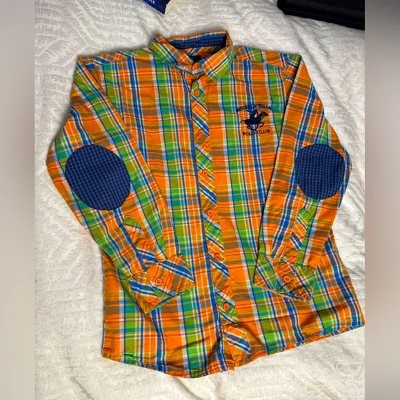 Beverly Hills Polo Club Orange Blue plaid Button Down Shirt elbow patches