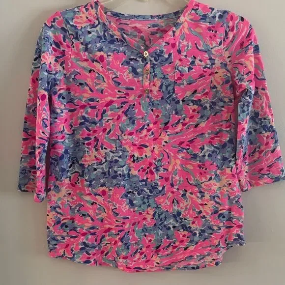 Lilly Pulitzer Alessia Pink & Blue 3/4 Sleeve Top XL