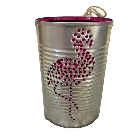 Candle Holder Folk Art Recycled Punched Tin Can Lantern Handmade PINK‎ FLAMINGO