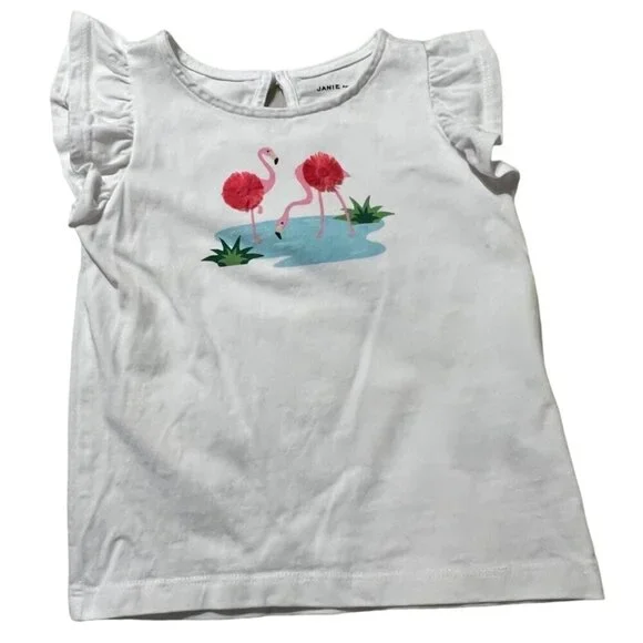 Janie and Jack FLAMINGO RUFFLE SLEEVE TEE Shirt Girl's Size 3 Like New condition