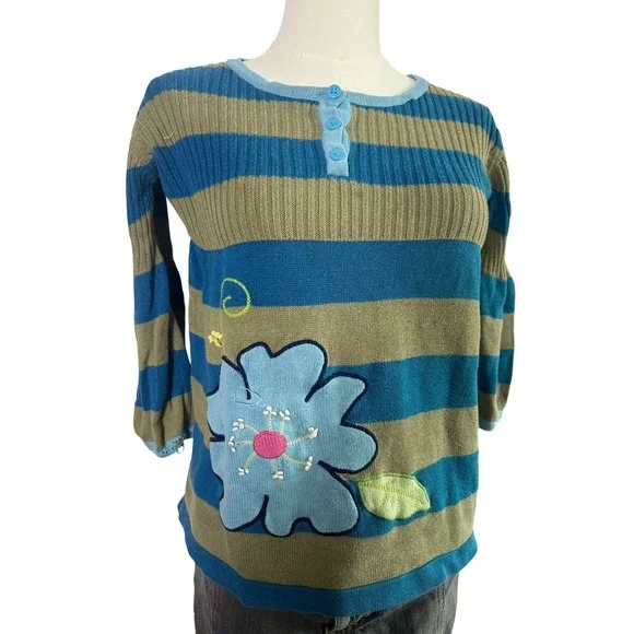 Kids Blue Khaki Striped Flower Applique Sweater Top Long Sleeve Henley‎