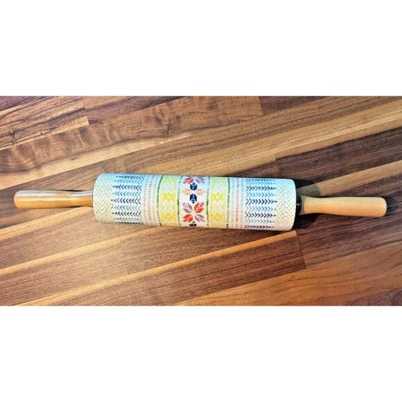 Anthropologie Rolling Pin POLAR GAZE Ceramic Winter Holiday Folk‎ Snowflake