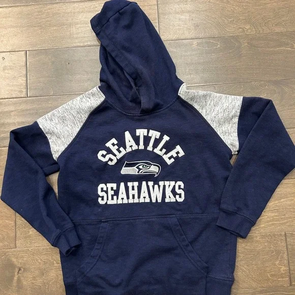 Seattle Seahawks Kids Navy Blue Gray Raglan Pullover Hoodie Sweatshirt NFL S