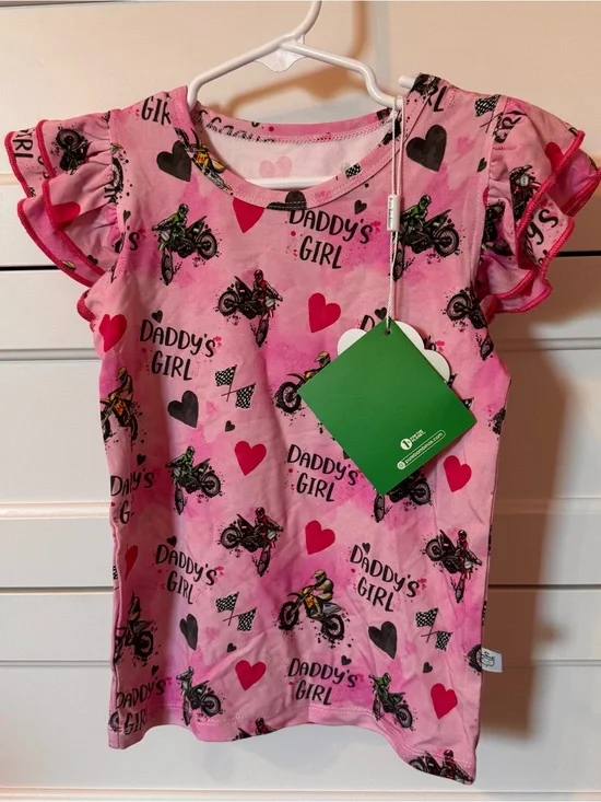 Daddy's Girl Bamboo Pink Motorcycle Dirt Bike Short Sleeve Flutter Tee 3T