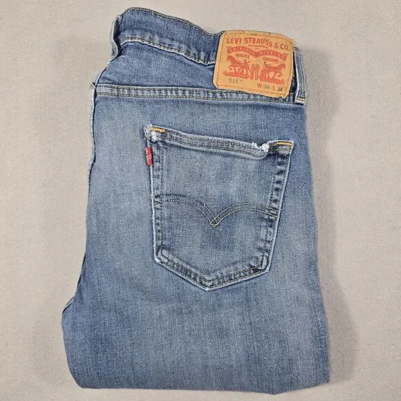 Levi's Men 34x34 Blue Jeans 514 Straight Fit Distressed Denim