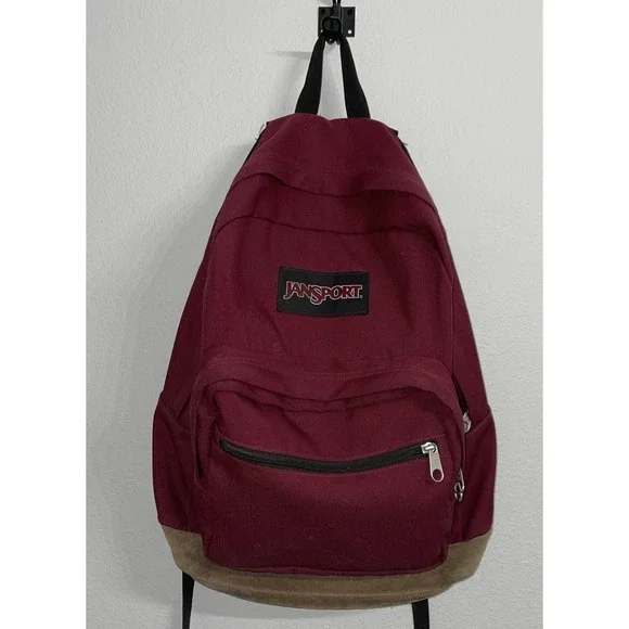 Vintage Jansport Backpack Suede Leather‎ Bottom School Bookbag Maroon 3 Pocket