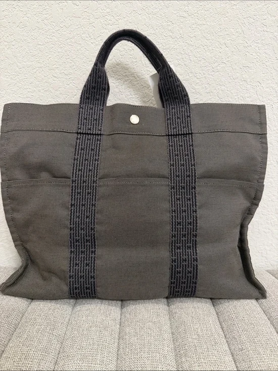 Hermes Gray Canvas Tote Bag with Black / Gray Straps