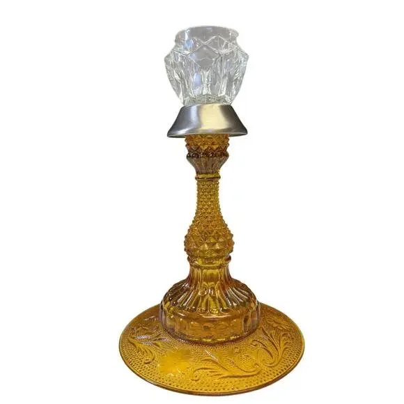 Vintage Amber Pressed Glass Candlestick Holder Floral Base Glass Prism Top