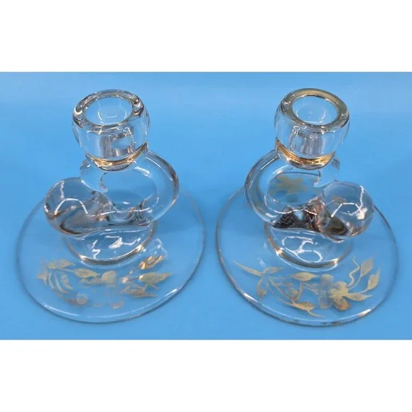 Set‎ of 2 Vtg Paden City Comet Candlestick Holders Glass Gold Floral 1940's