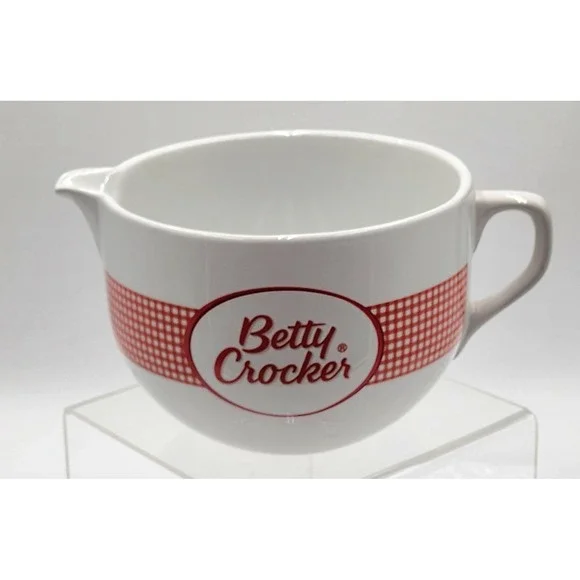 Betty Crocker Mixing Bowl Large White Red Gingham Ceramic Pour Spout Batter