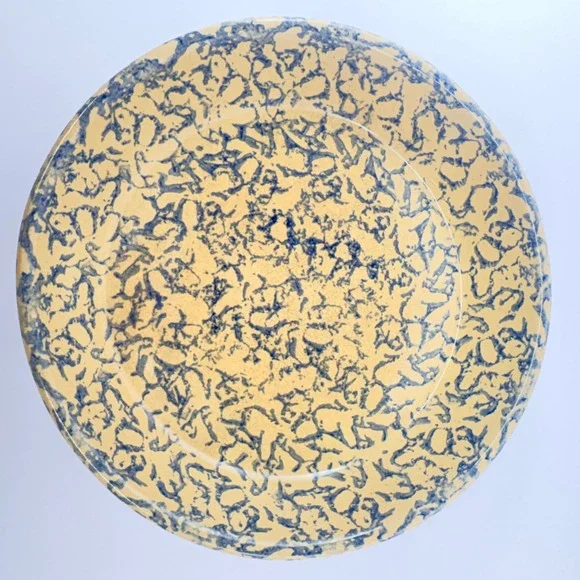Roseville Pottery Spongeware Pie Plate Blue Tan Stoneware USA Farmhouse 9.5