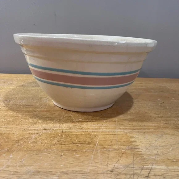 Vtg McCoy‎ Oven Ware #12 Large Stoneware Mixing Bowl Pink Blue Stripe Farmhouse