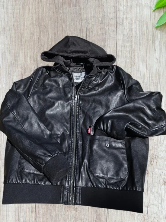 LEVI'S Black Faux Leather Jacket with Hood Size XL Unisex Like New