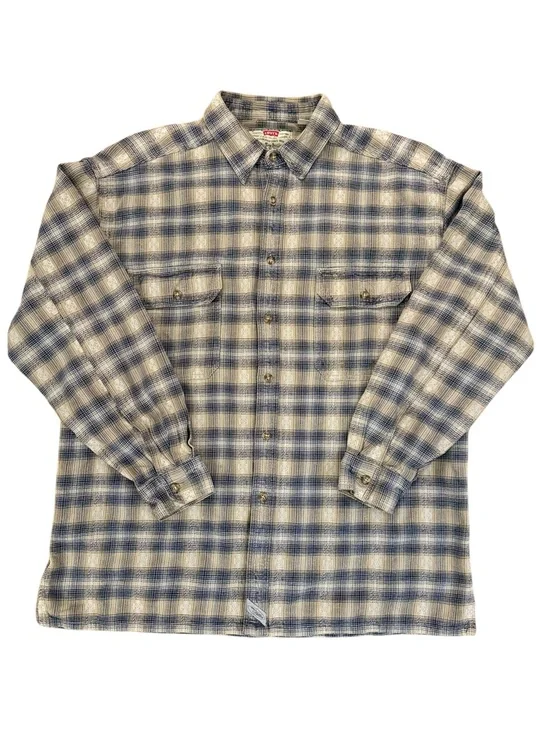 Vintage 90s Levi’s Heavy Cotton Flannel Workwear Shirt Plaid Blue Tan XL