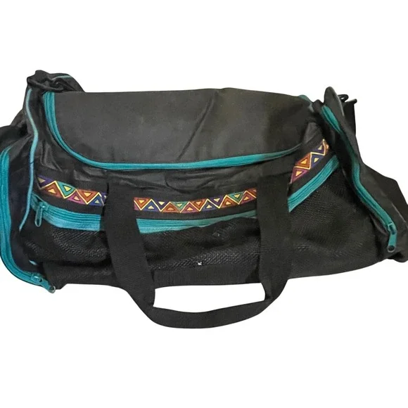 Vintage 90s Style Duffel Bag Black Teal Geometric Triangle Pattern‎ Gym Travel