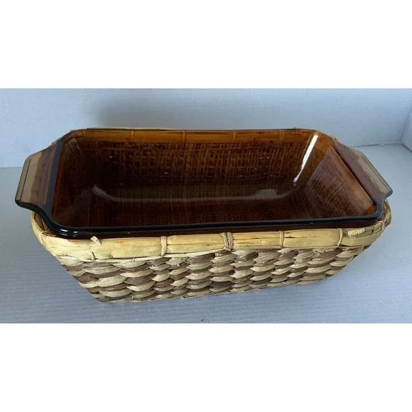 Anchor Hocking Vintage Harvest Amber Glass Loaf Pan with Woven Basket 5x9 1.5 Qt