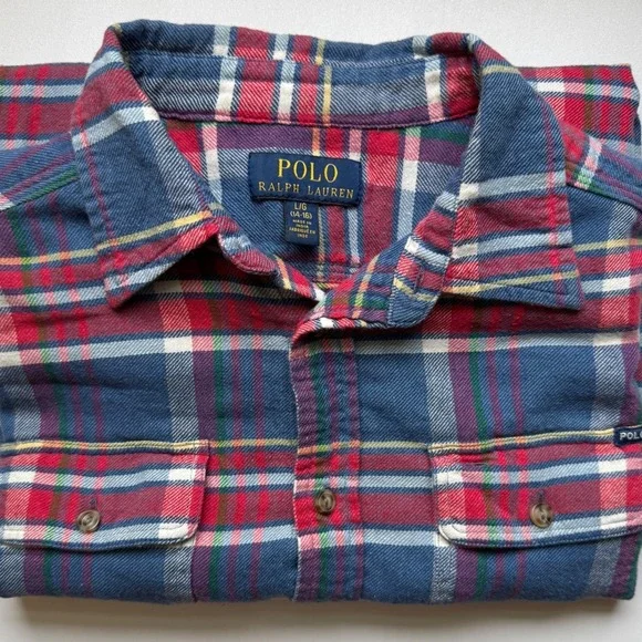 Polo Ralph Lauren Boys Flannel Shirt Plaid Button Down Blue Red Large 14-16