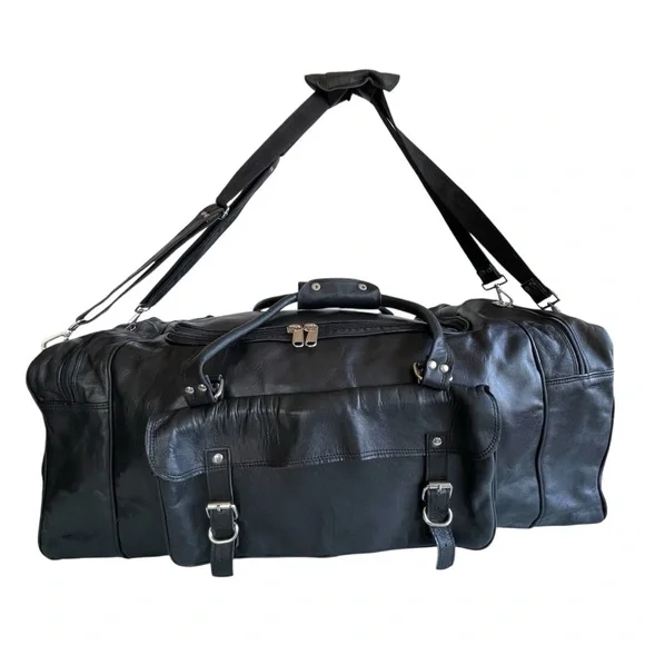 Black Leather Weekender Duffel Bag - Unbranded