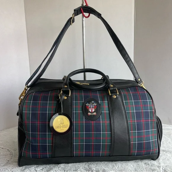 DAKS Plaid Tartan Cloth and Black Leather Shoulder Duffel Bag Blue Green Red