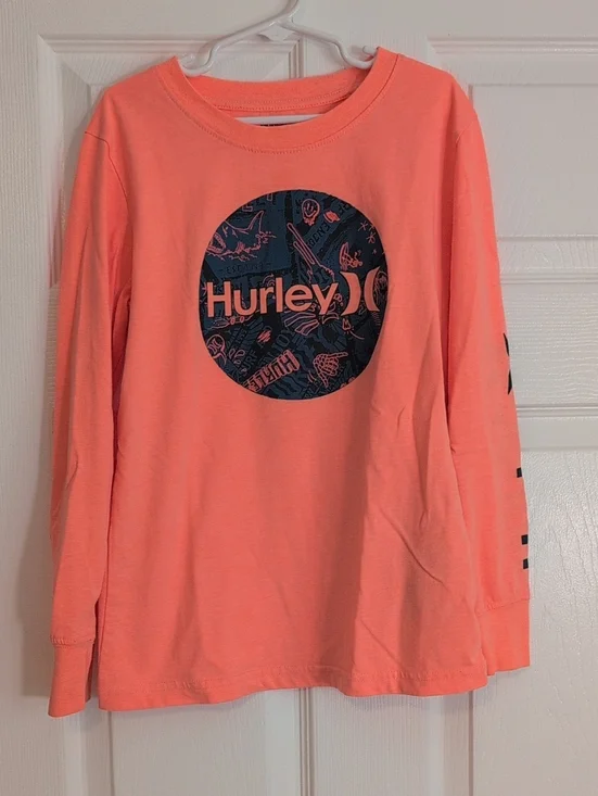 Hurley Boy's Neon Orange Long Sleeve Tee with Navy Graphic Logo