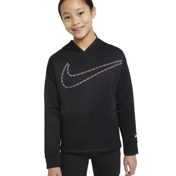 Nike Youth Girls Therma Fit Black Hoodie Pink Logo