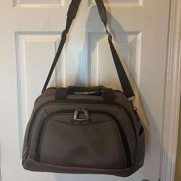 Jaguar Heavy duty Brown & Black fabric Medium duffle bag silver tone hardwares