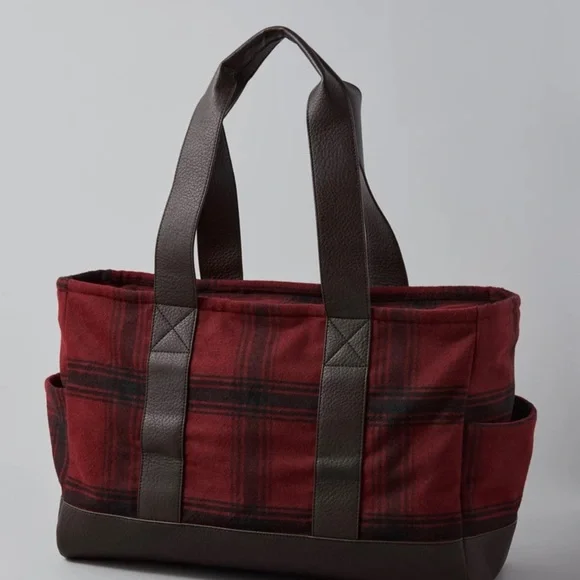 American Eagle Outfitters Red Plaid Duffel Tote with Brown Trim new