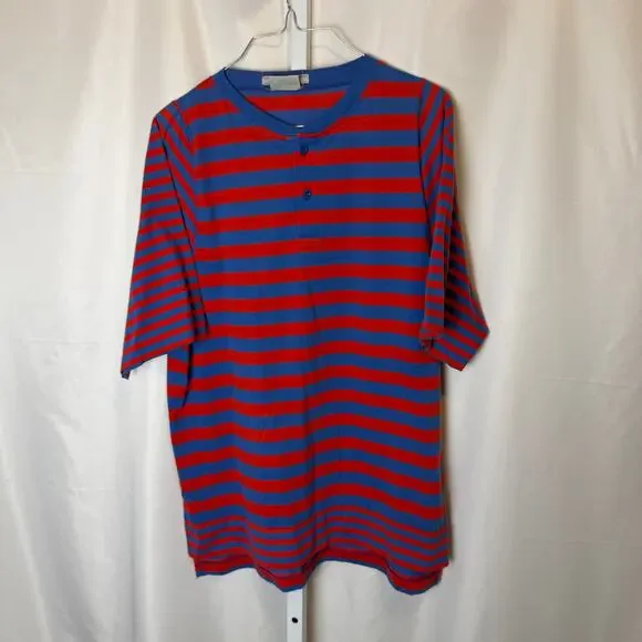 VTG 80s Levi’s Red Blue Striped Henley Shirt L Made in Korea Sleeve Logo Preppy