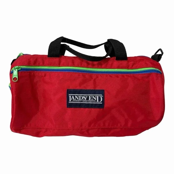 Vintage Land's End Red duffle bag small Vinyl 90s Green Blue Zipper 12