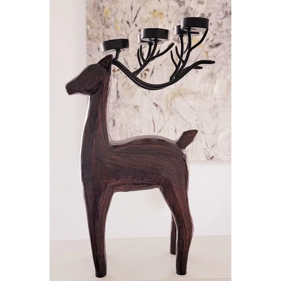 Reindeer Candle Holder Set 5 Tealight‎ Candles Faux Wood/Metal Christmas Holiday