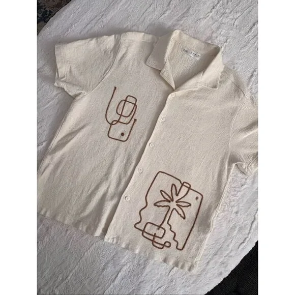 Zara Kids Textured Button Up Shirt Size 11–12 Cream Graphic Print