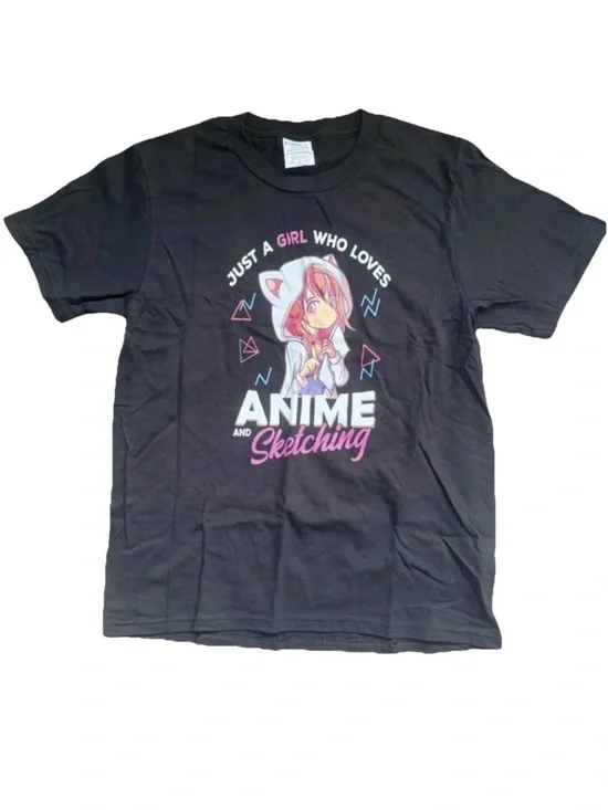 Girls Sz M (9/10) Anime & Sketching Graphic Tee Black Pink Cotton Blend NWOT